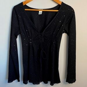 GUESS Women's Black Sequin‎ Laced Tie-up V-neck Semi-Sheer Top Size Large